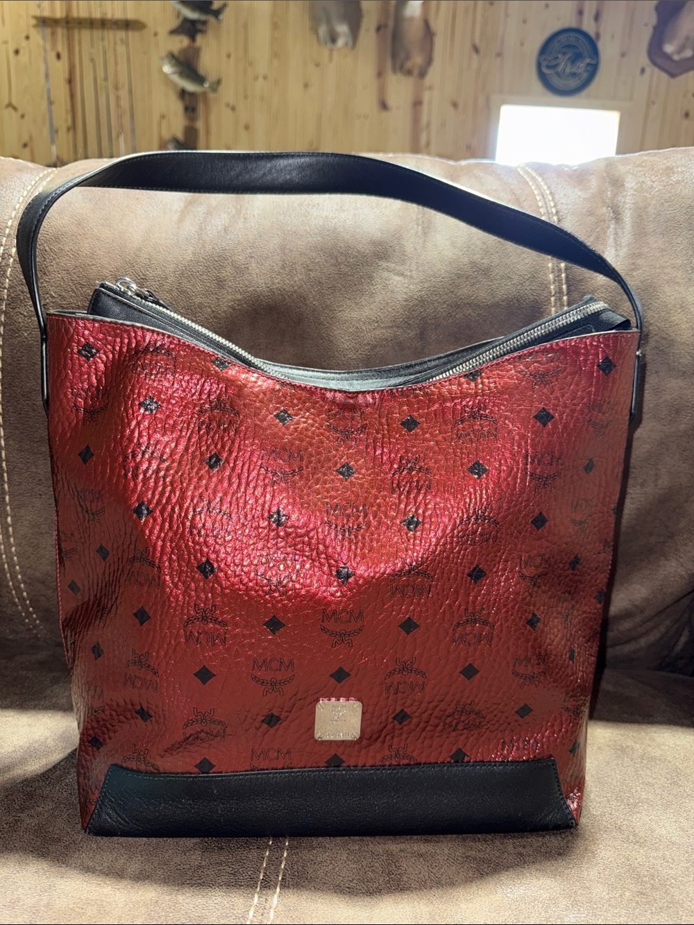 MCM Red Logo-Print Leather Shoulder Bag with Black Trim